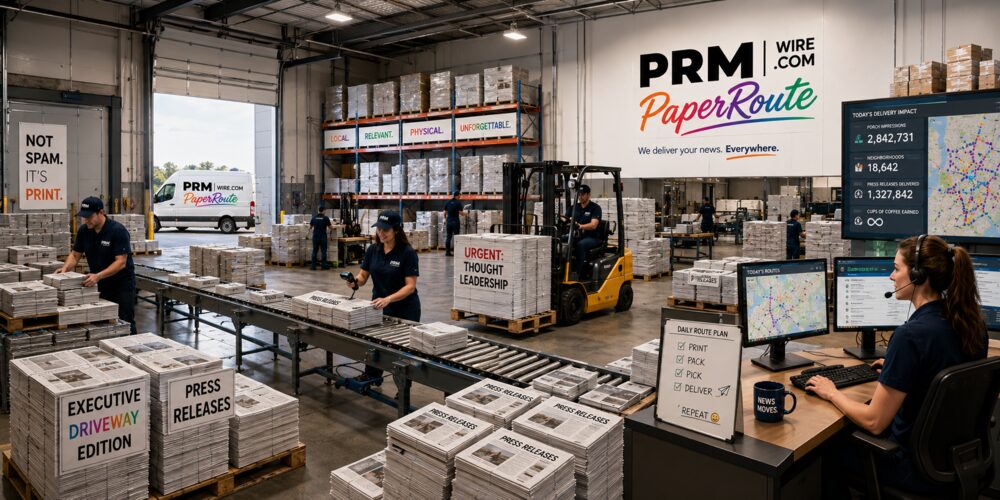 Fictional PRMWire PaperRoute warehouse with printed press releases prepared for delivery